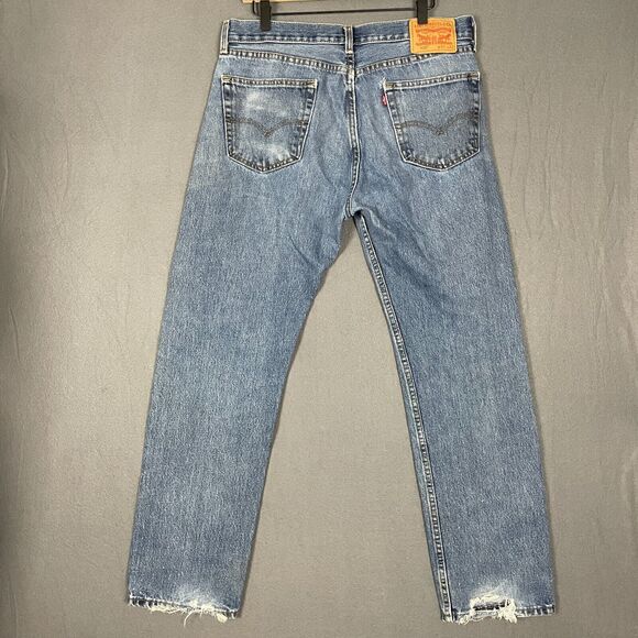 Levis 505 Jeans Men's 34x30 Blue Denim Medium Wash Distressed Straight Leg Retro - Picture 8 of 16
